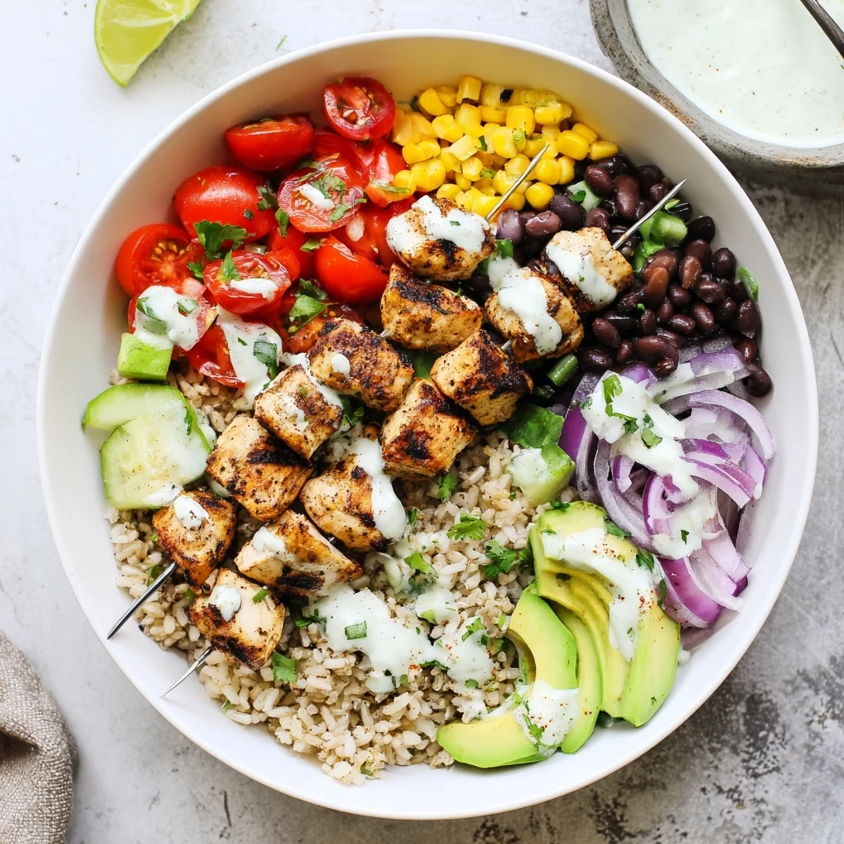 Smoky Chicken Skewer Bowl Recipe with charred chicken, creamy avocado, and lime