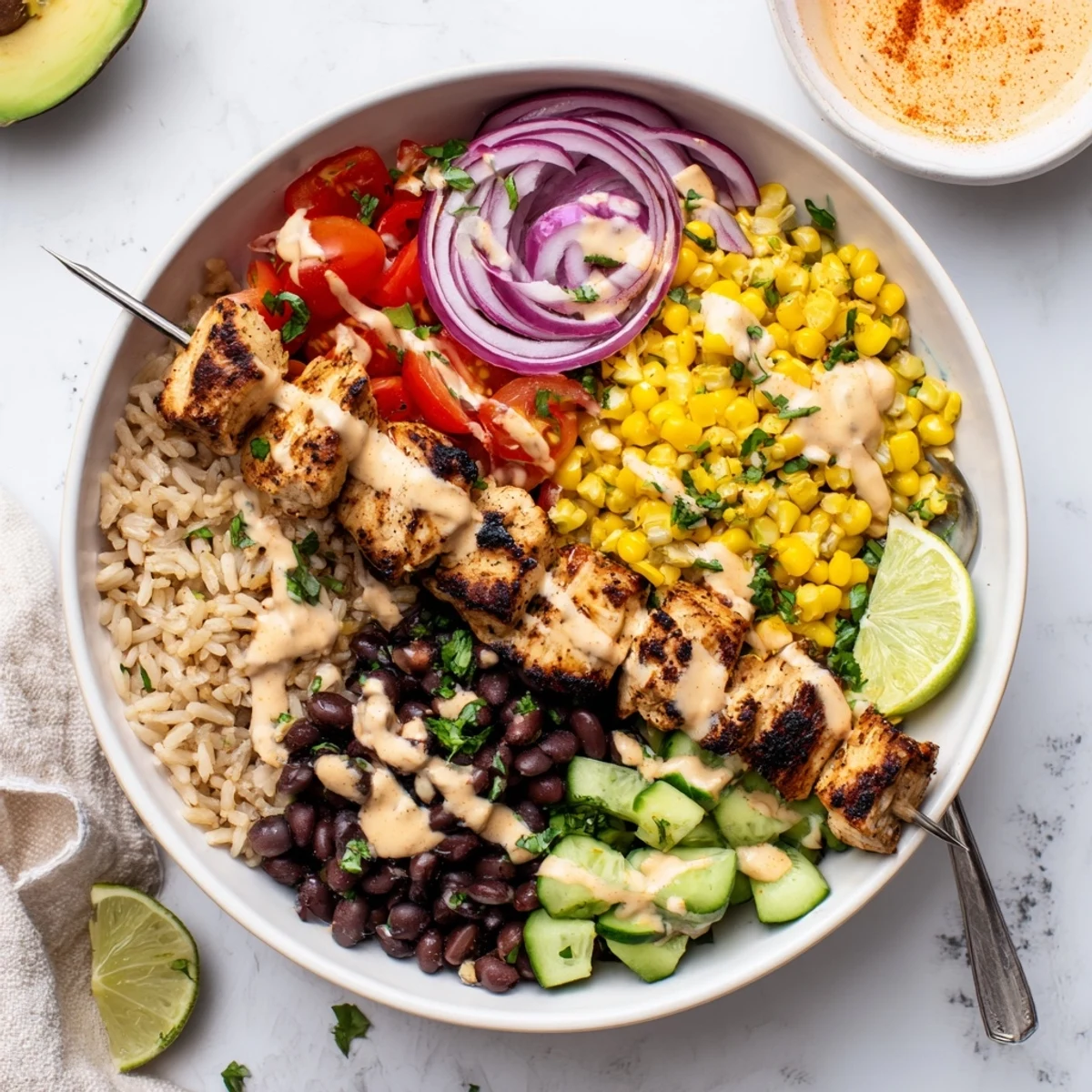 Smoky Chicken Skewer Bowl Recipe plated over warm brown rice, corn, fresh cilantro