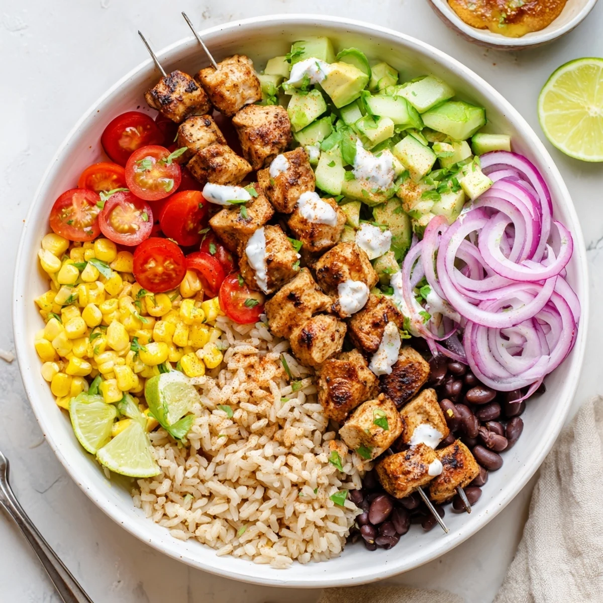 Grilled vegetables, black beans, and zesty yogurt highlight Smoky Chicken Skewer Bowl Recipe