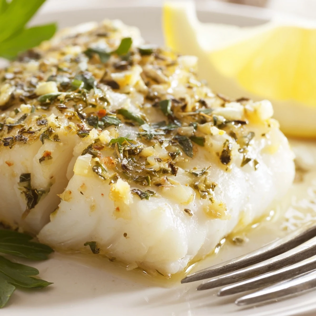 Golden pan-seared lemon garlic fish fillets garnished with fresh parsley and lemon wedges on a white plate