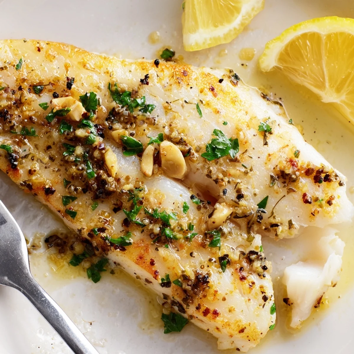 Baked white fish marinated in bright lemon and aromatic garlic, topped with chopped herbs for a Mediterranean dinner