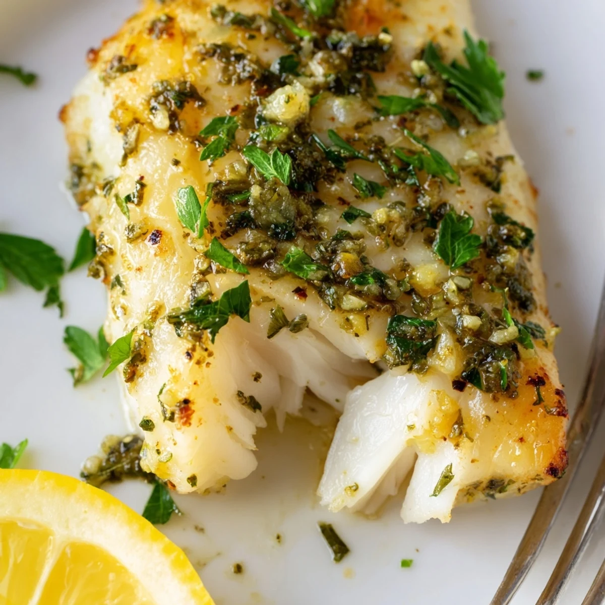 Tender flaky lemon garlic fish recipe served hot with roasted vegetables and a side of white rice