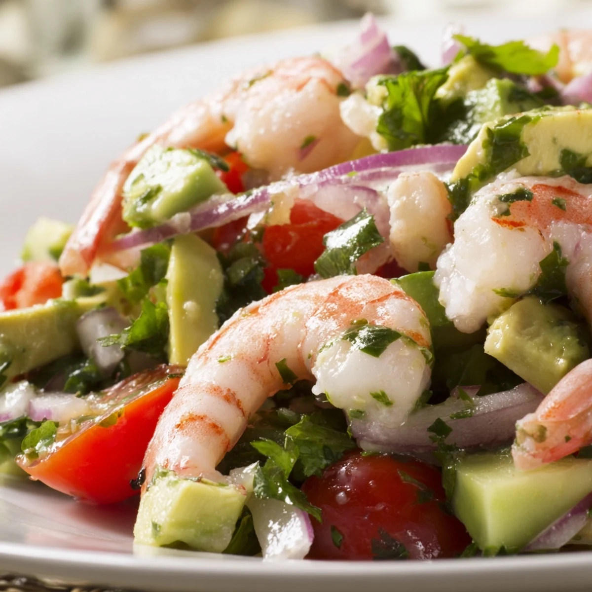 Colorful shrimp avocado salad recipe with pink shrimp, green avocado, and fresh vegetables drizzled with citrus dressing