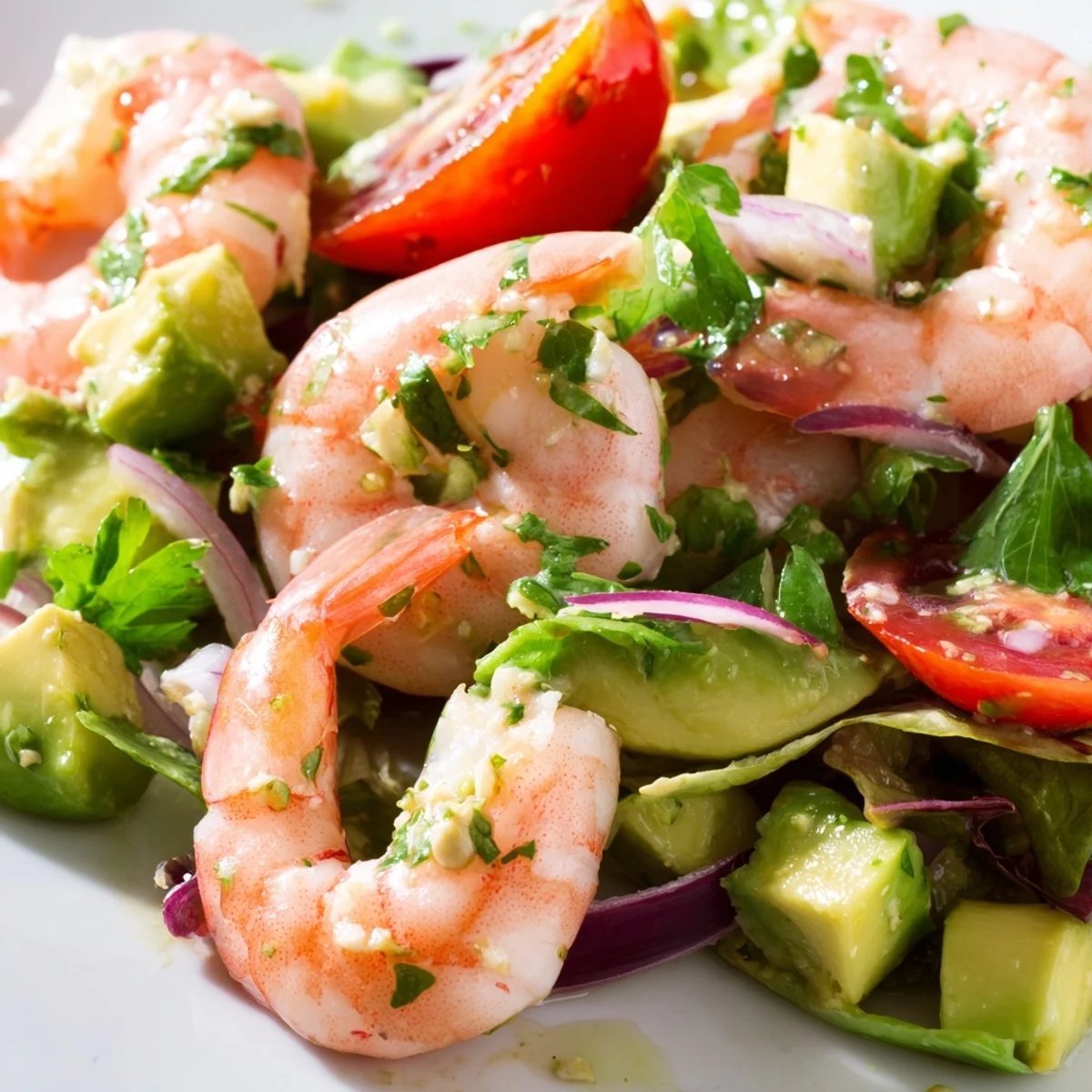 Fresh shrimp avocado salad recipe featuring succulent seafood, creamy avocado, cherry tomatoes, and crisp mixed greens