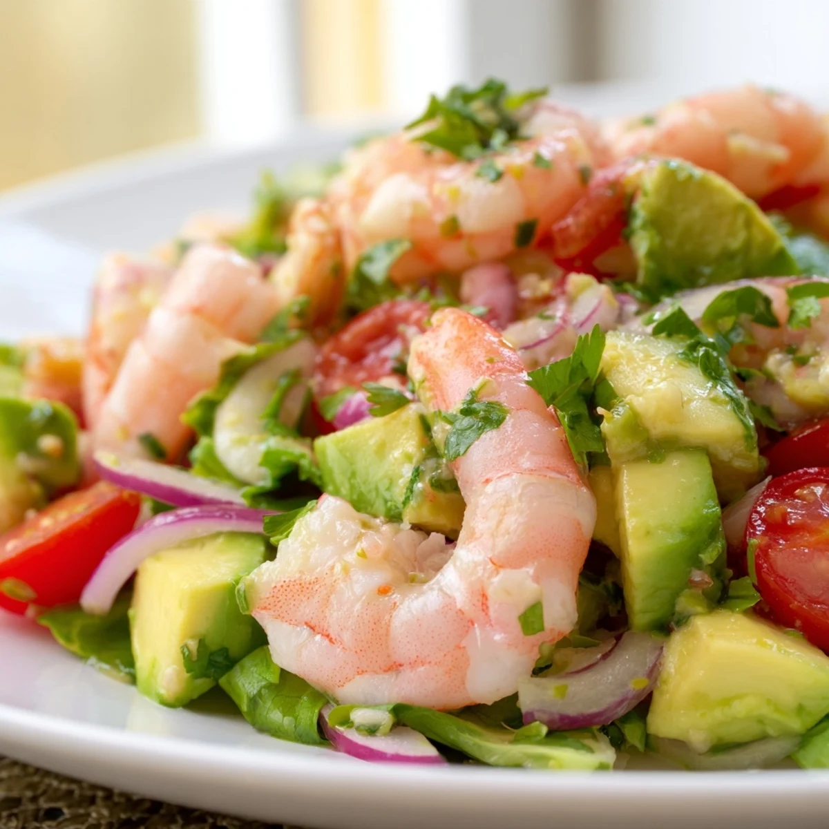 Light and healthy shrimp avocado salad recipe plated with zesty lime dressing, ripe avocado chunks, and tender shrimp