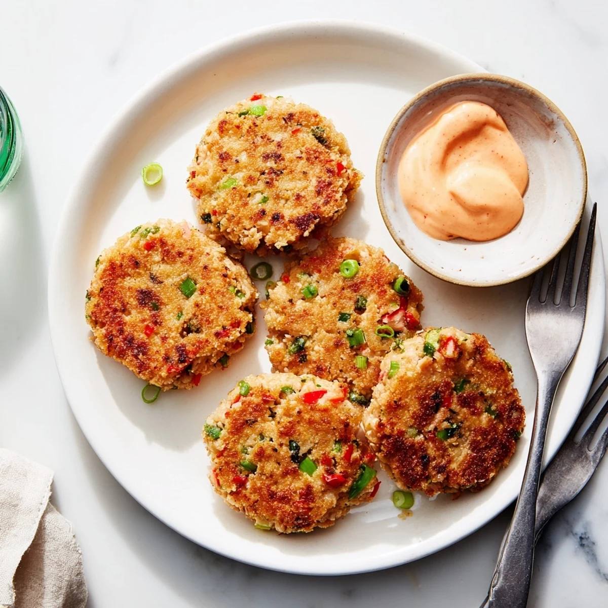 Crispy pan-fried Asian tuna cakes arranged on a white plate with vibrant red spicy mayo drizzle