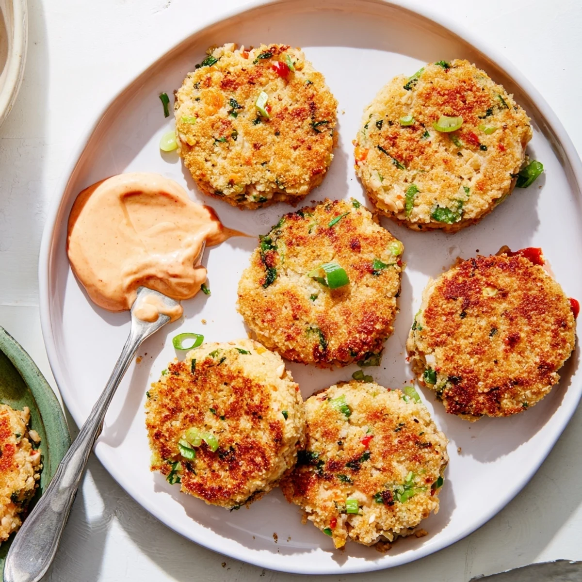 Golden brown Asian tuna cakes garnished with green onions and served alongside creamy spicy mayo dipping sauce