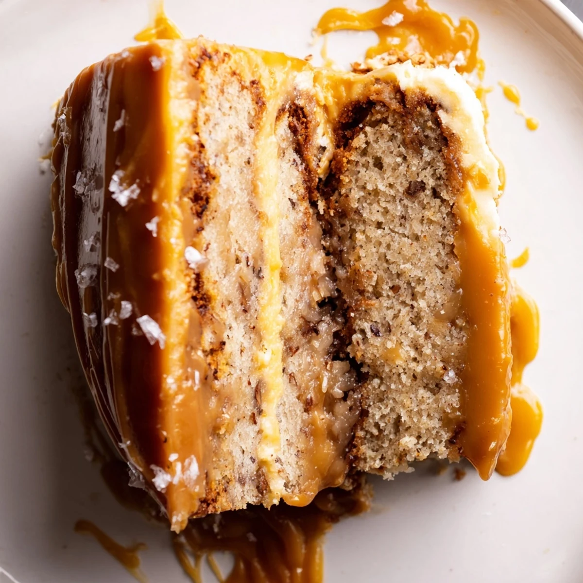 Moist brown butter banana cake topped with luscious salted caramel frosting and flaky sea salt garnish
