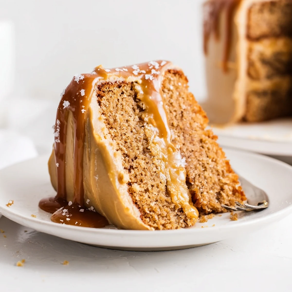 Decadent salted caramel brown butter banana cake layered with rich caramel frosting and golden drizzle