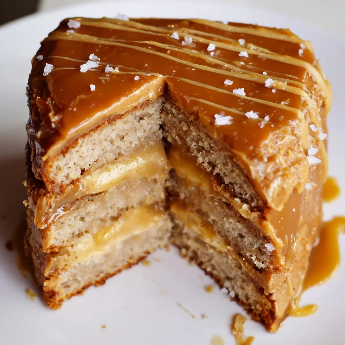 Slice of salted caramel banana cake revealing tender crumbs and swirled caramel buttercream between layers