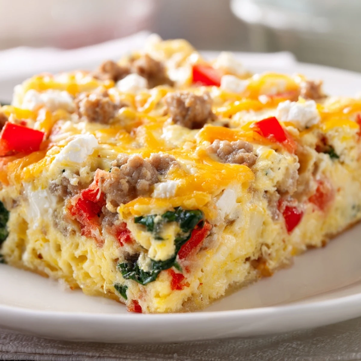 Baked high protein egg casserole with diced vegetables, cottage cheese, and golden edges