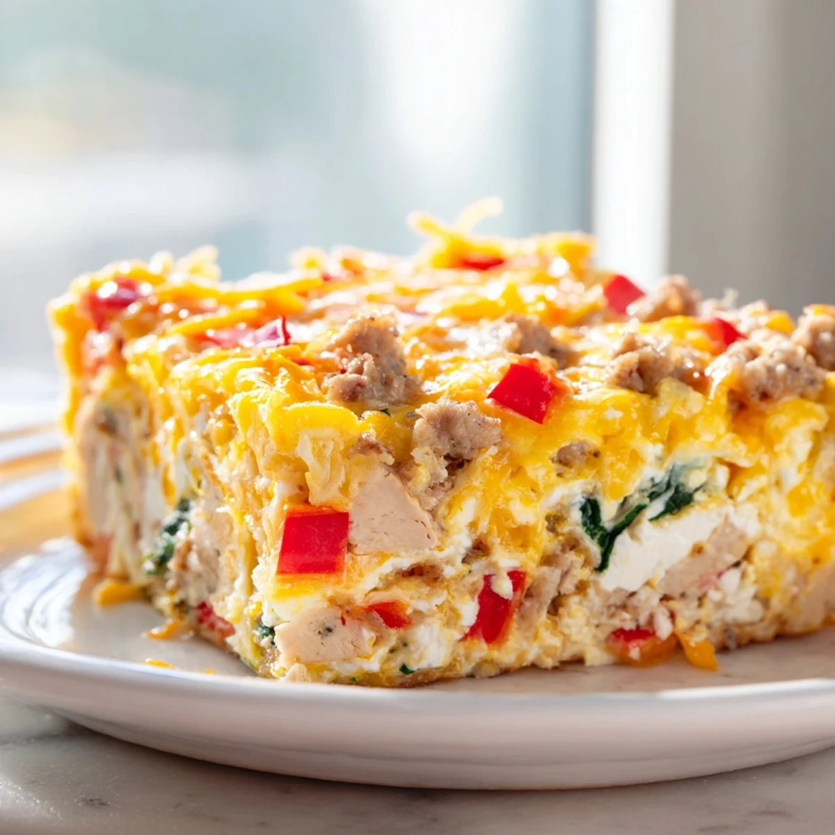 Sliced high protein egg casserole featuring fluffy eggs, turkey sausage, and cheese topping