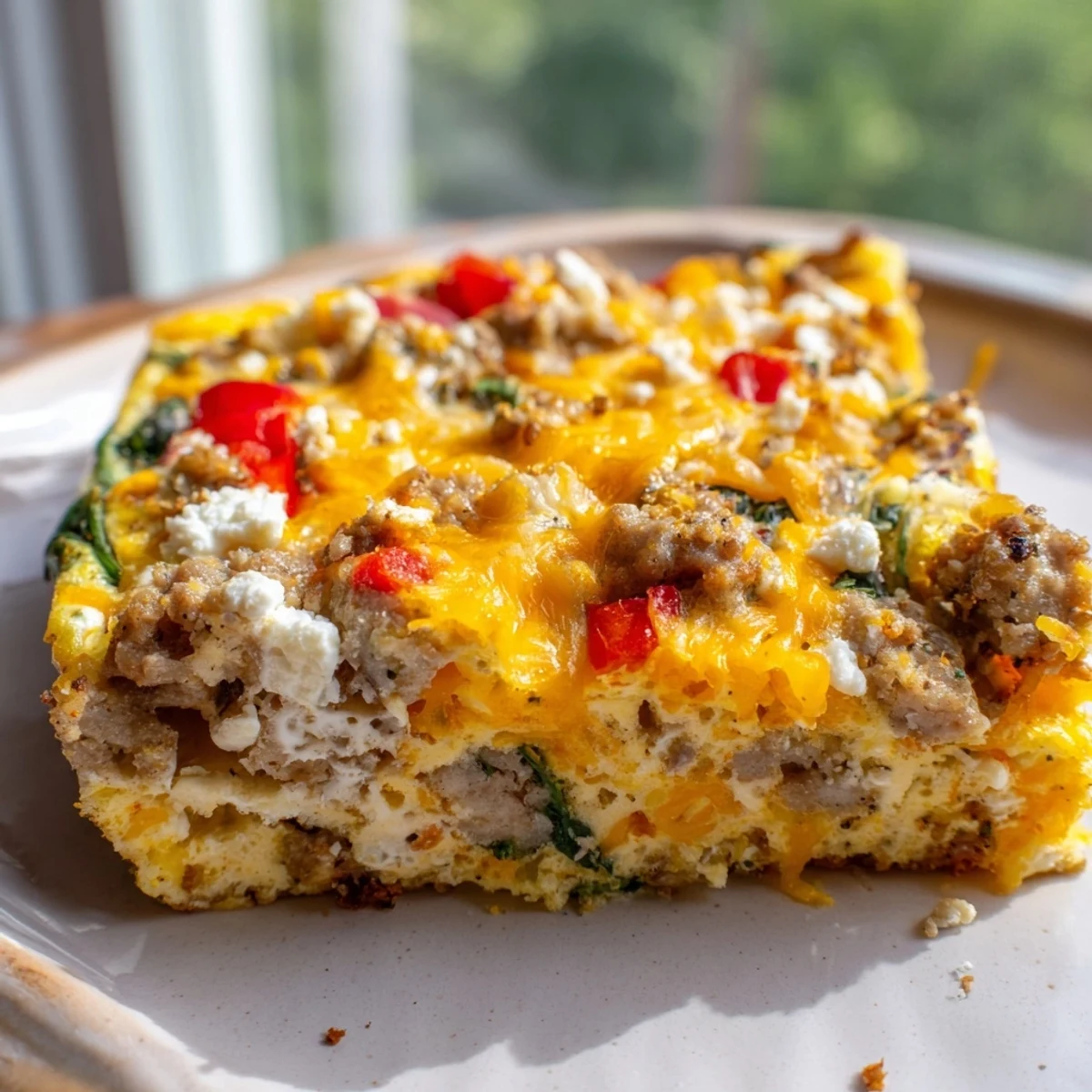 Golden high protein egg casserole with melted cheddar, colorful peppers, and spinach
