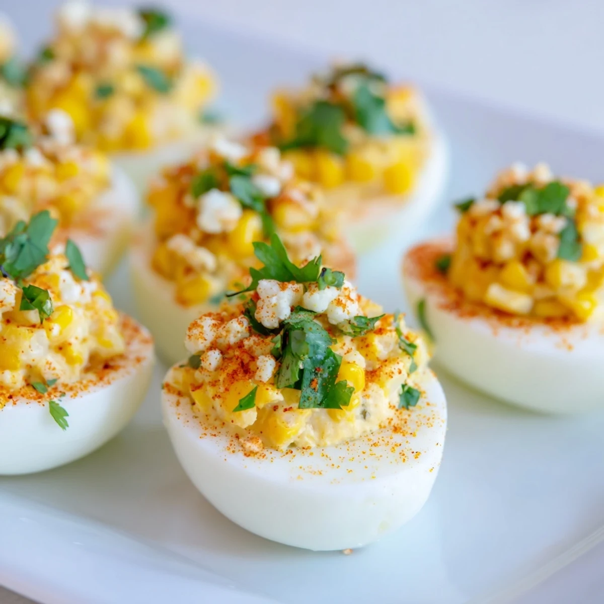 Golden deviled eggs filled with sweet corn and savory Mexican spices on serving platter