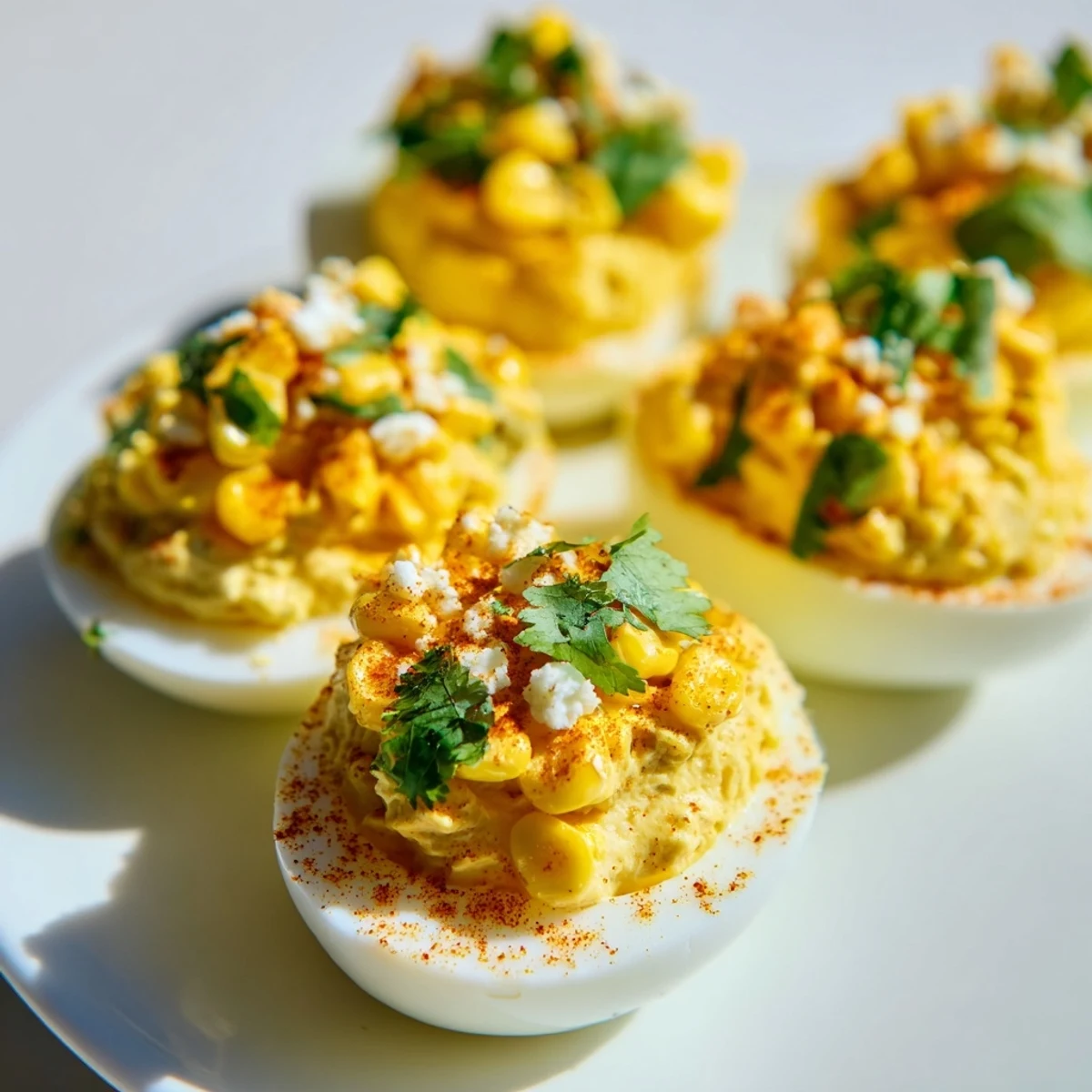 Mexican street corn deviled eggs topped with cotija cheese, cilantro, and chili powder
