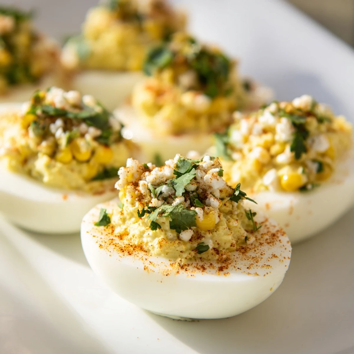 Creamy Mexican street corn deviled eggs garnished with lime wedges and Tajín seasoning