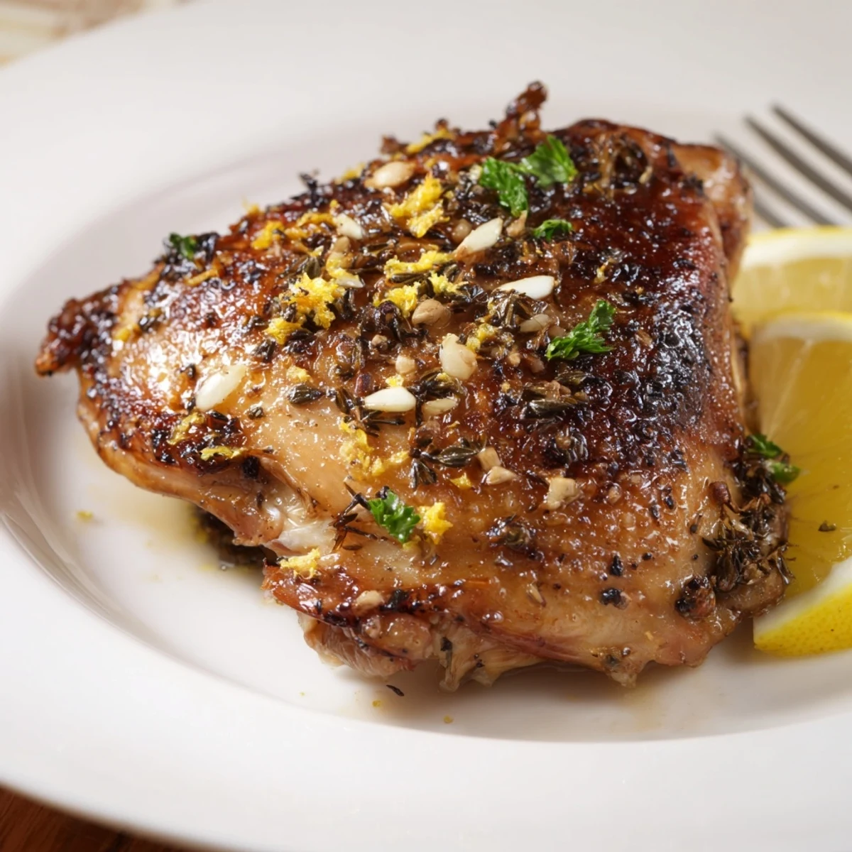 Crisp, golden Lemon Pepper Chicken Thighs with zesty lemon slices and parsley