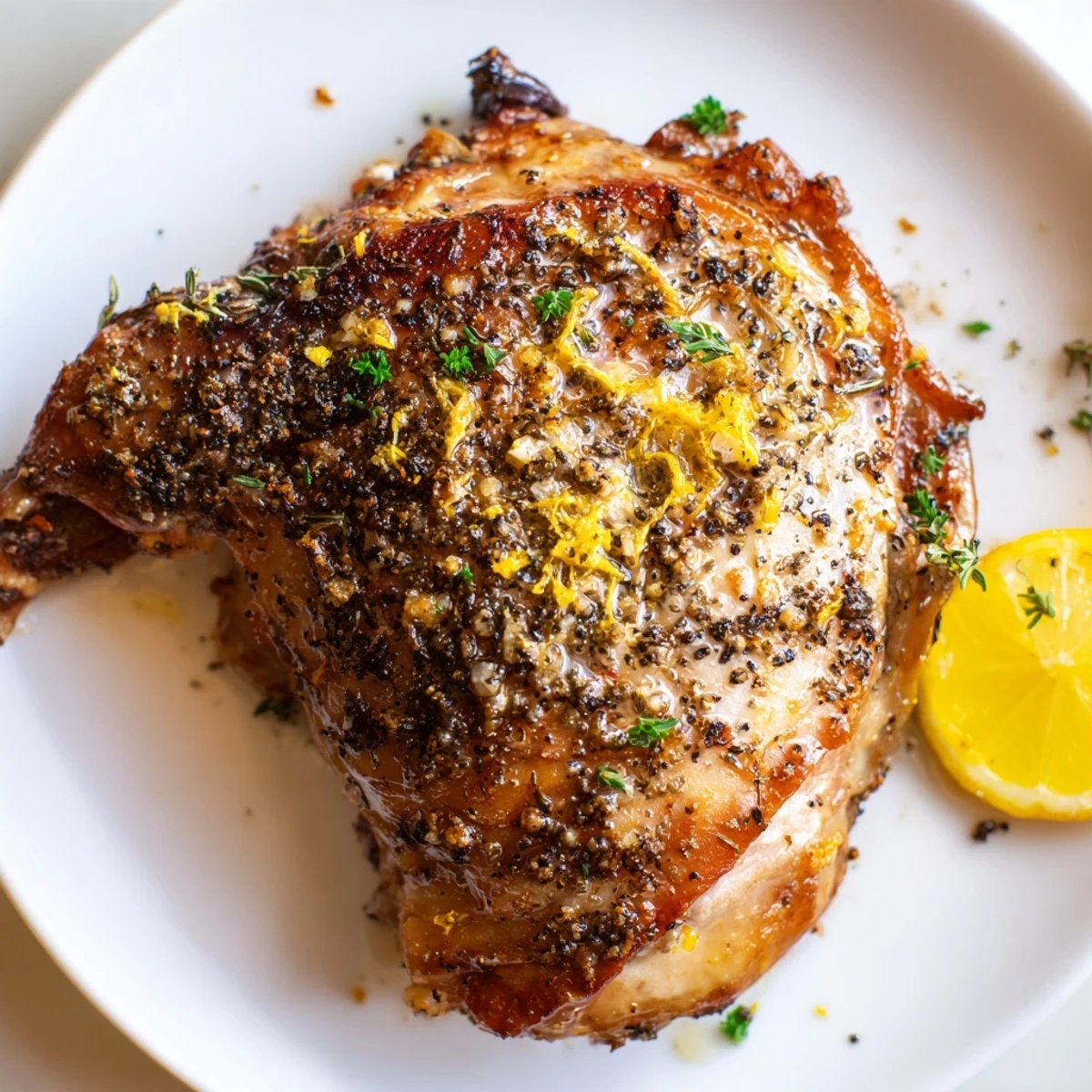 Oven roasted Lemon Pepper Chicken Thighs glistening with herb marinade, ready to serve