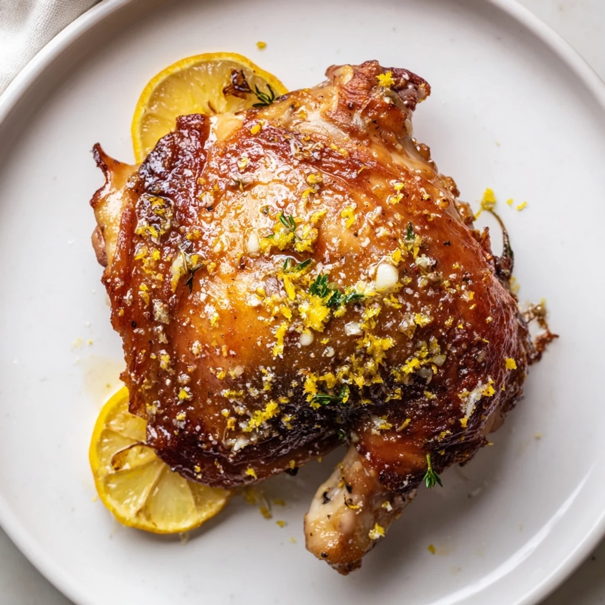Juicy Lemon Pepper Chicken Thighs resting five minutes, paired with roasted potatoes