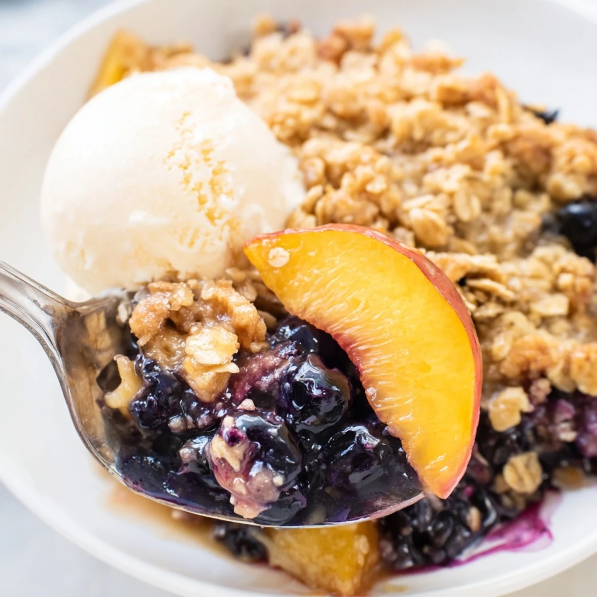 Warm Blueberry Peach Crumble served with melting vanilla ice cream and flaky topping.