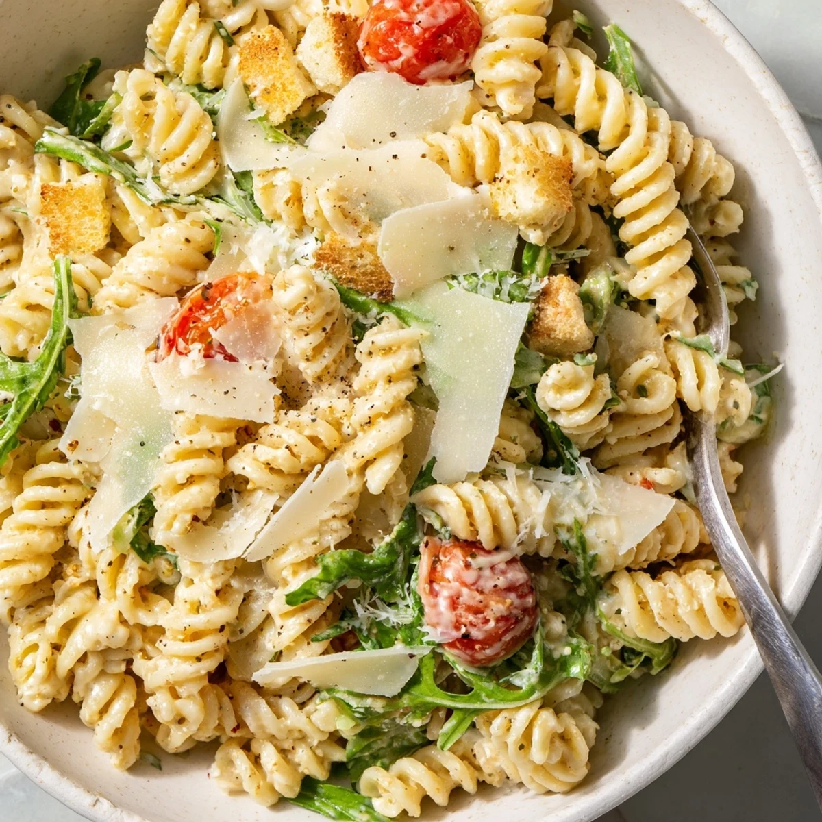 Arugula Pasta Caesar Salad with glossy shaved Parmesan and crunchy croutons