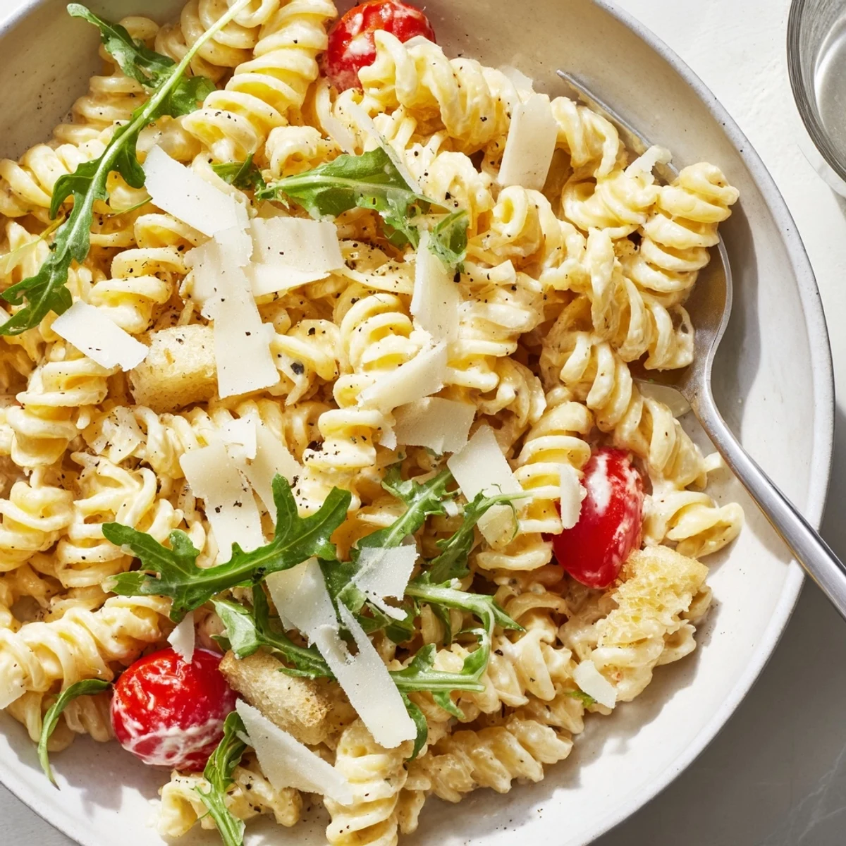 Bright Arugula Pasta Caesar Salad tossed in creamy lemony dressing, ready to serve