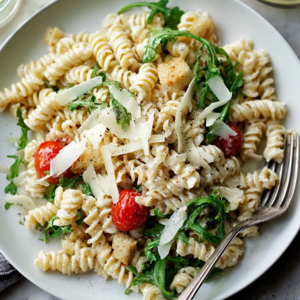 Bowl of Arugula Pasta Caesar Salad studded with cherry tomatoes, perfect weeknight lunch