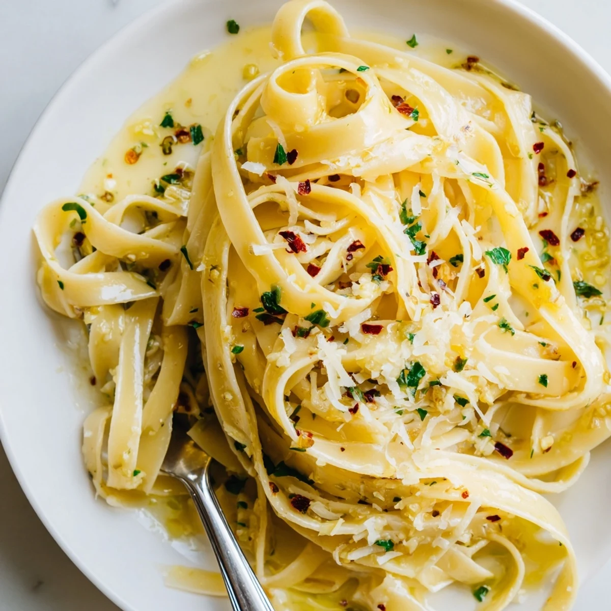 Cowboy Butter Pasta glistening with buttery garlic sauce, fresh herbs, lemon