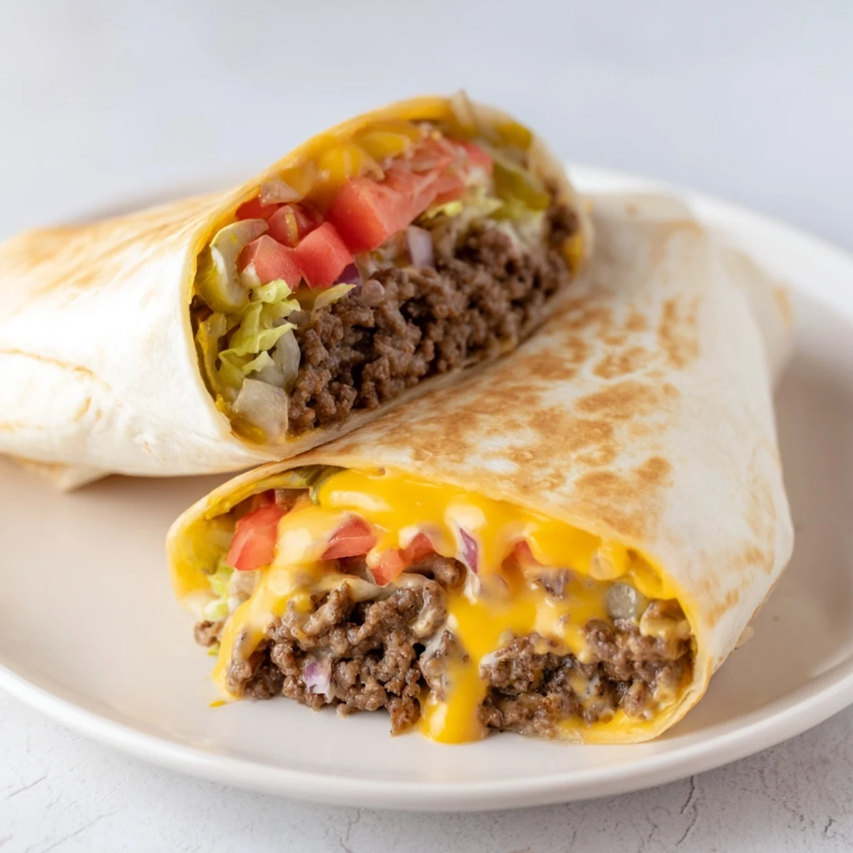 Cheeseburger Wrap Recipe showcasing melted cheddar, juicy beef, and crisp lettuce.