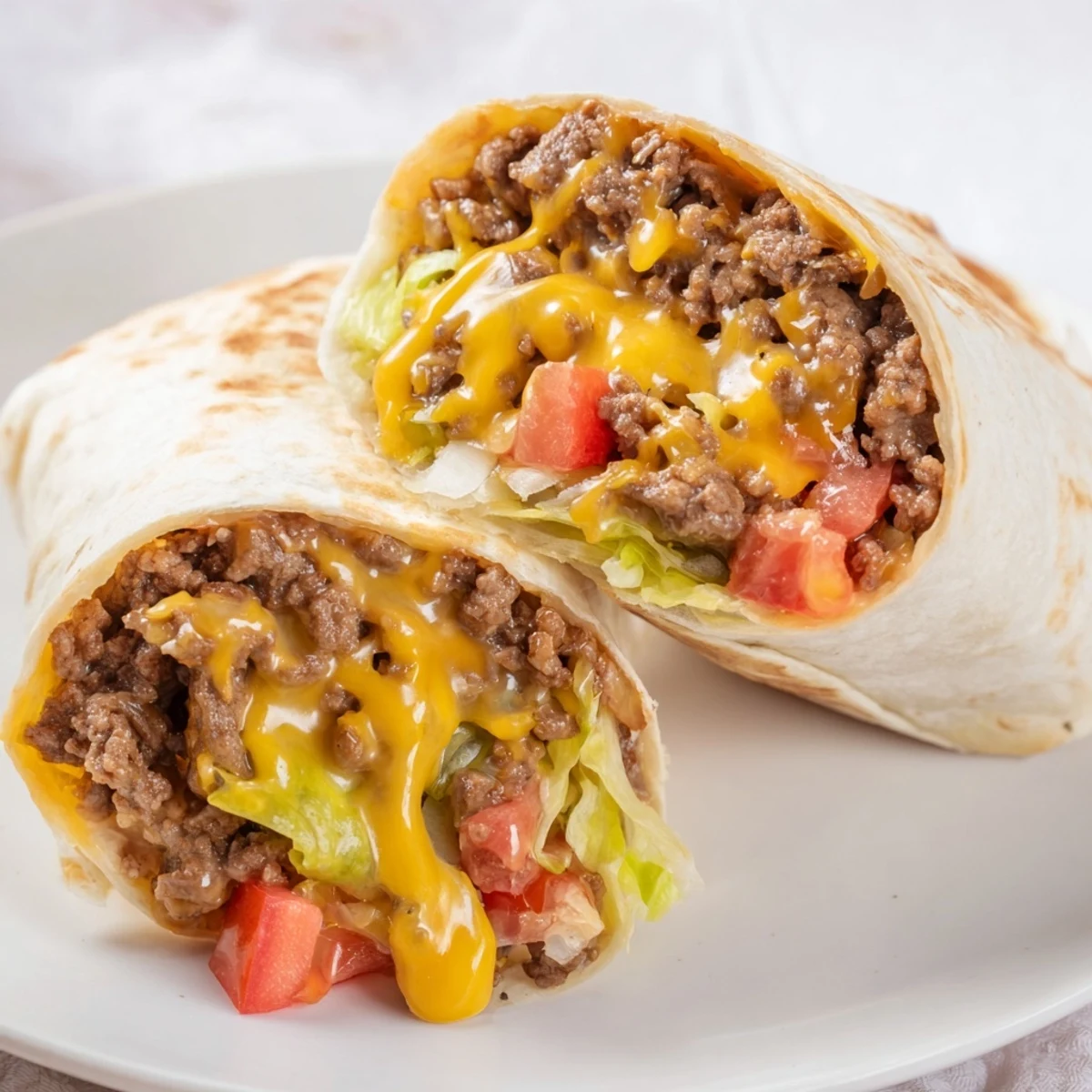 Grilled tortilla with golden edges and pickles in Cheeseburger Wrap Recipe.