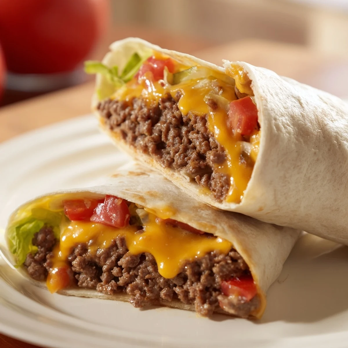 Cheeseburger Wrap Recipe folded tight, gooey cheese oozing, served beside fries.