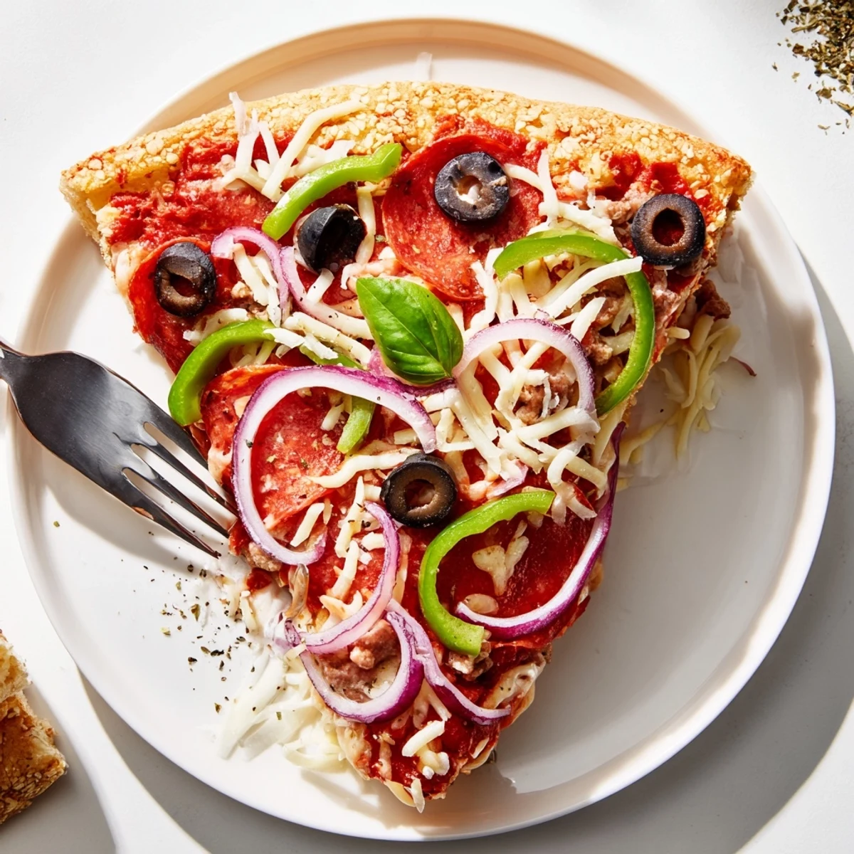 Close-up Focaccia Pizza Supreme shows dimples, golden crust, melted cheese pull