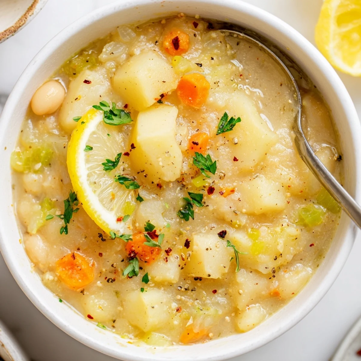 Cozy Lemon White Bean Potato Soup steaming in bowl, creamy, bright lemony aroma