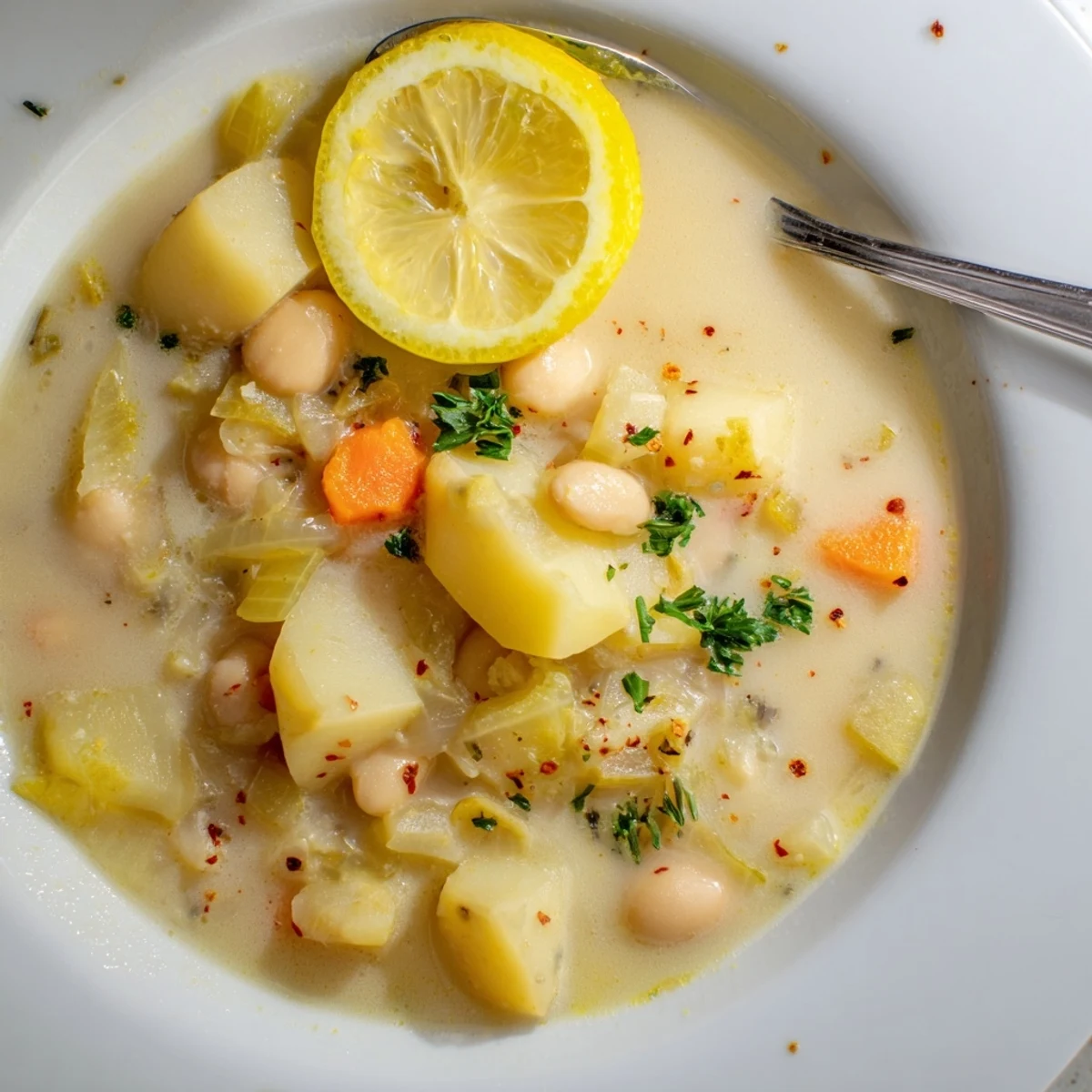 Hearty, chunky Cozy Lemon White Bean Potato Soup finished with parsley and lemon