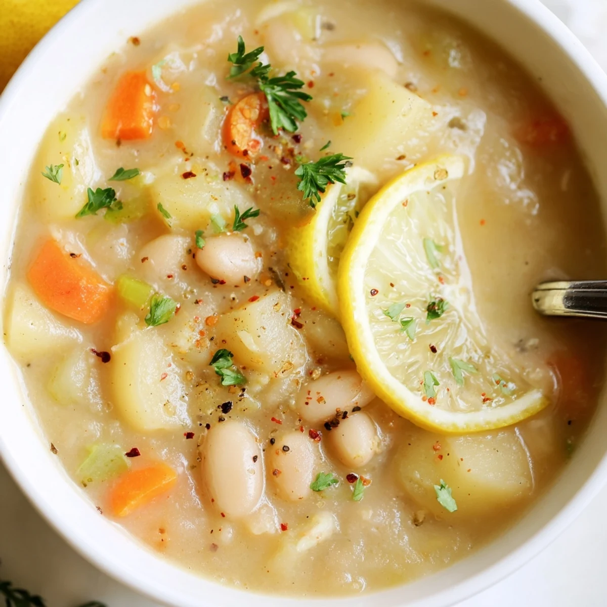 Warm bowl of Cozy Lemon White Bean Potato Soup paired with crusty bread