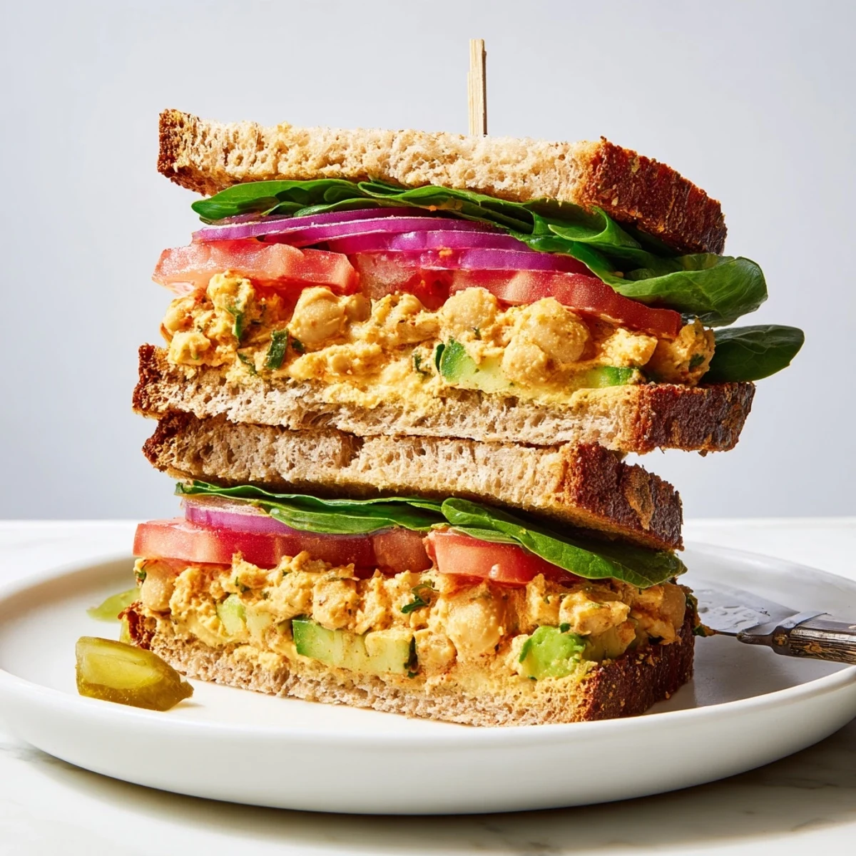 Smoky Chickpea Sandwich piled on toasted sourdough, creamy filling, fresh tomato