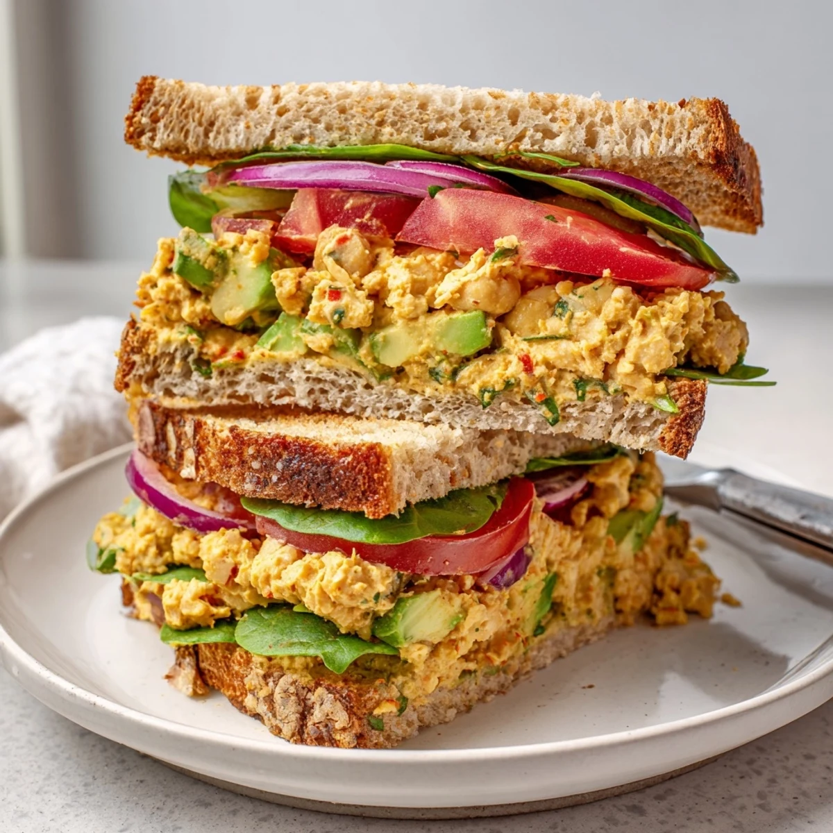 Smoky Chickpea Sandwich topped with tangy sauce, avocado slice, crisp greens