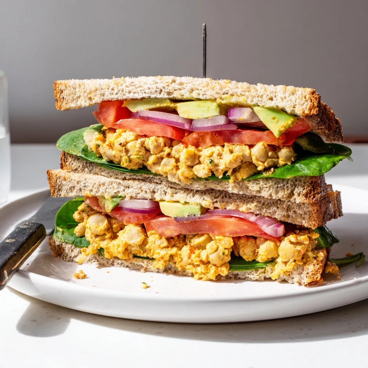 Smoky Chickpea Sandwich sliced in half, crunchy onions, peppery arugula peeking