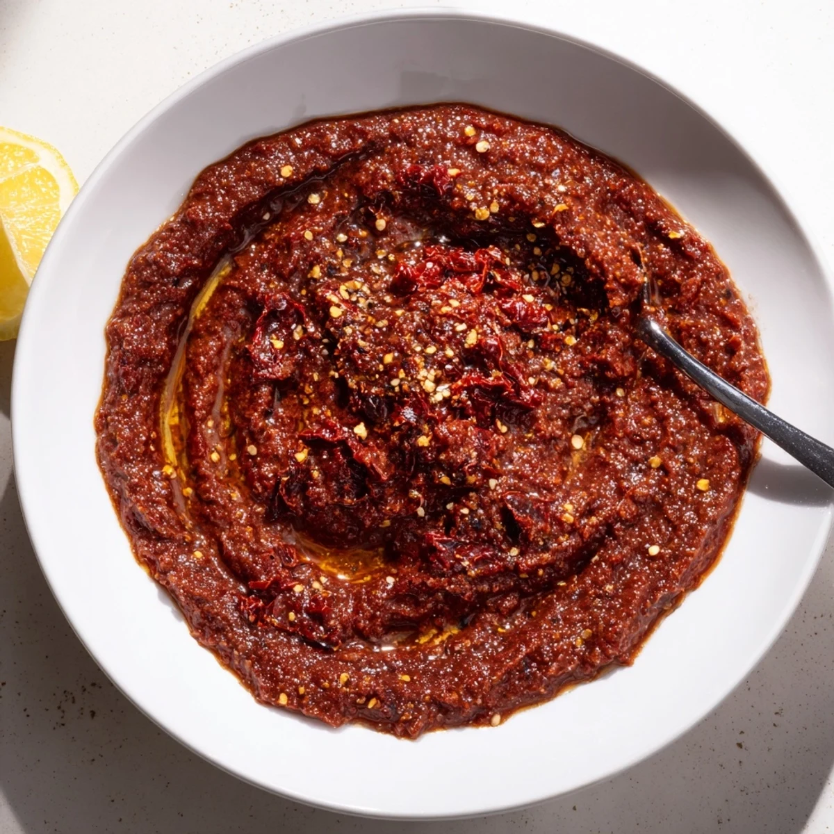 Aromatic Sun Dried Tomato Sauce with garlic and herbs, spooned onto crusty bread