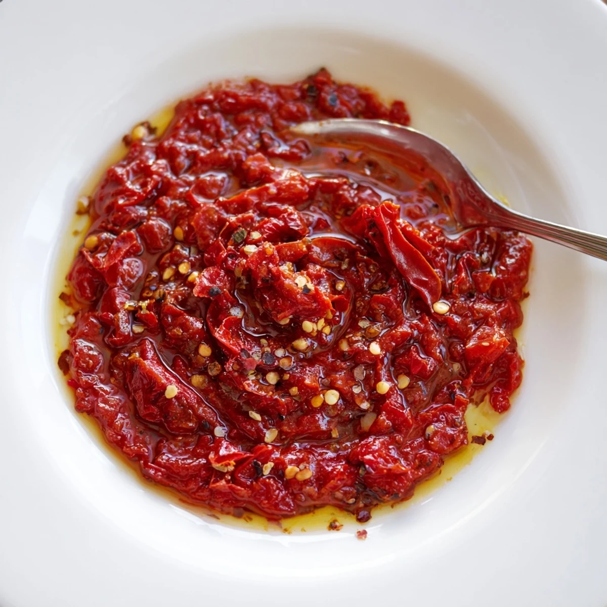 Sun Dried Tomato Sauce glistening with olive oil, served over steaming penne