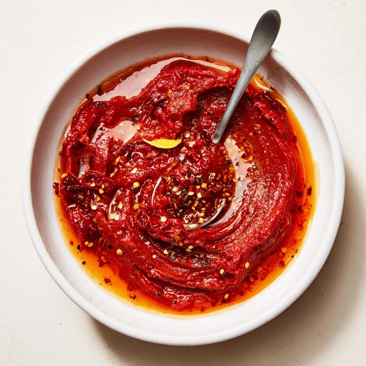 Creamy Sun Dried Tomato Sauce warmed in skillet, brightened with lemon juice