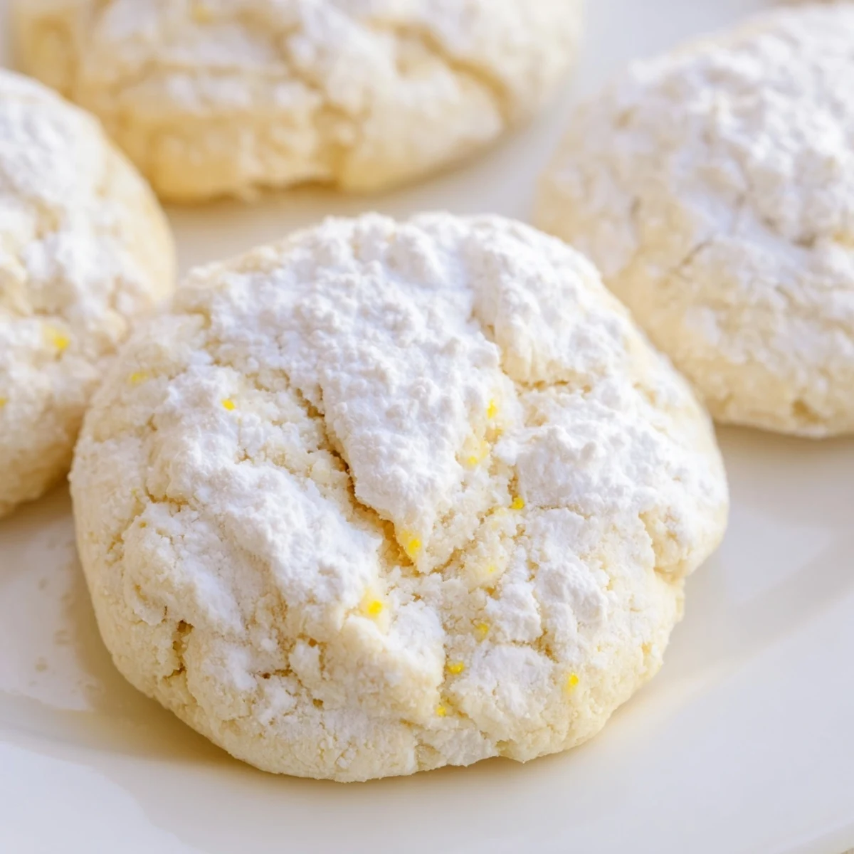 Soft lemon pixie cookies dusted with powdered sugar on a white baking sheet