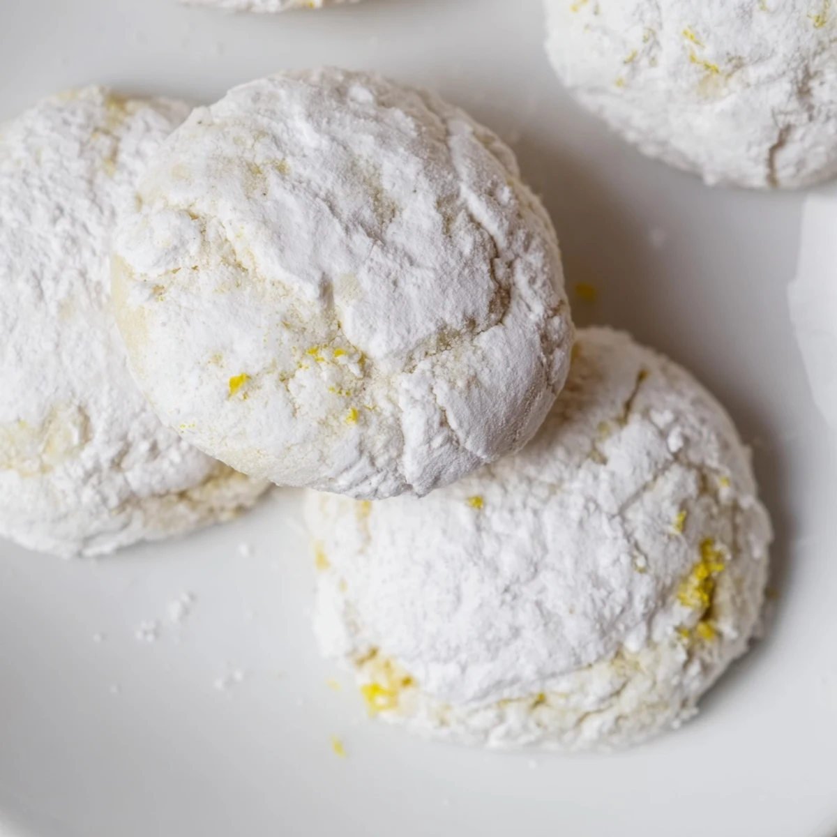 Golden lemon pixie cookies stacked neatly with white powdered sugar shimmering on top