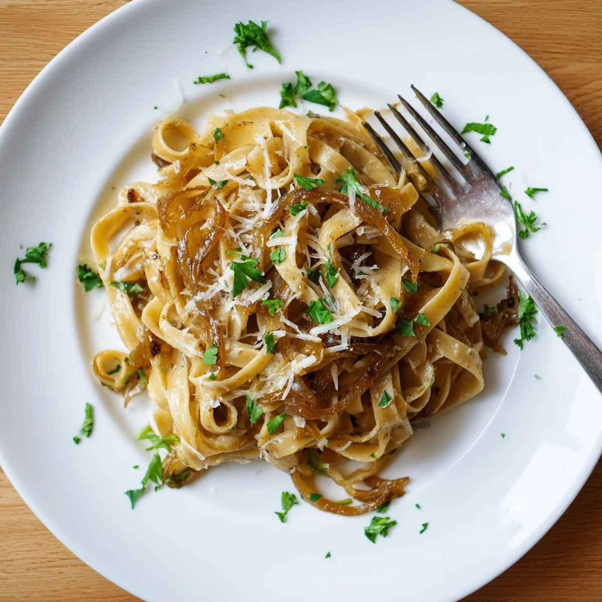 Steam rises from a bowl of caramelized onion cream pasta sprinkled with fresh parsley