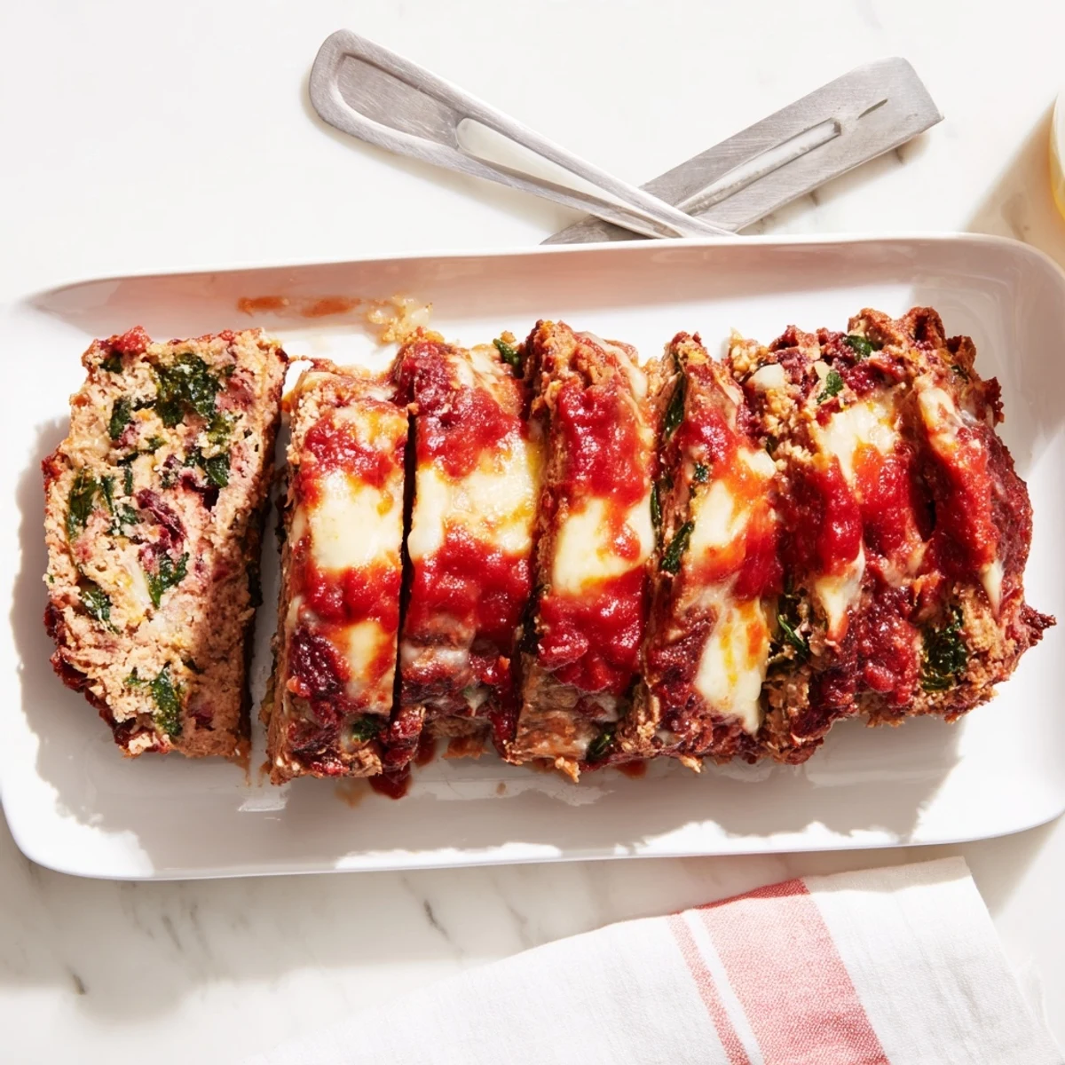 Golden brown Italian spinach mozzarella meatloaf sliced to reveal melted cheese and vibrant green spinach throughout