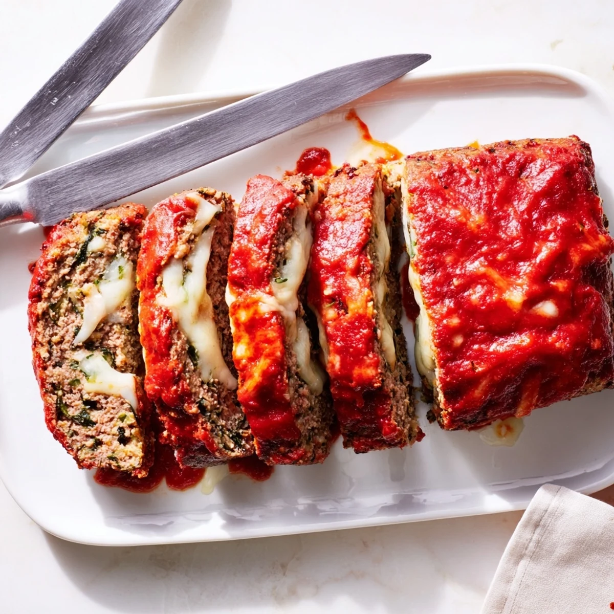 Homemade Italian spinach mozzarella meatloaf with gooey cheese centers served alongside roasted vegetables and extra marinara