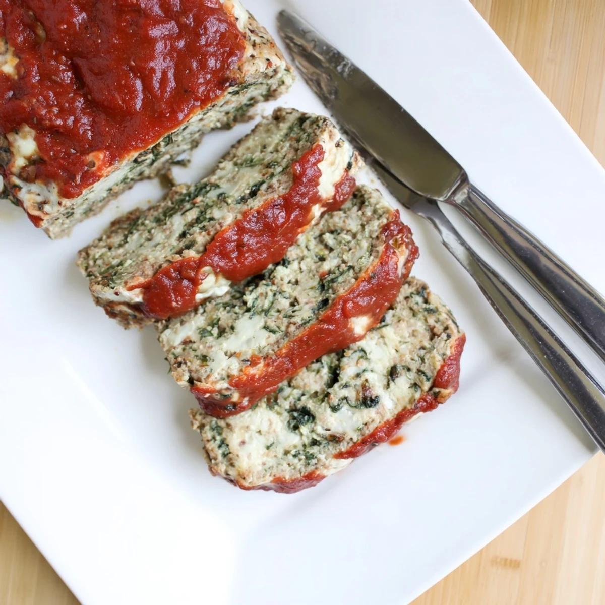 Savory Italian spinach mozzarella meatloaf loaf topped with marinara sauce and fresh basil on a white serving platter