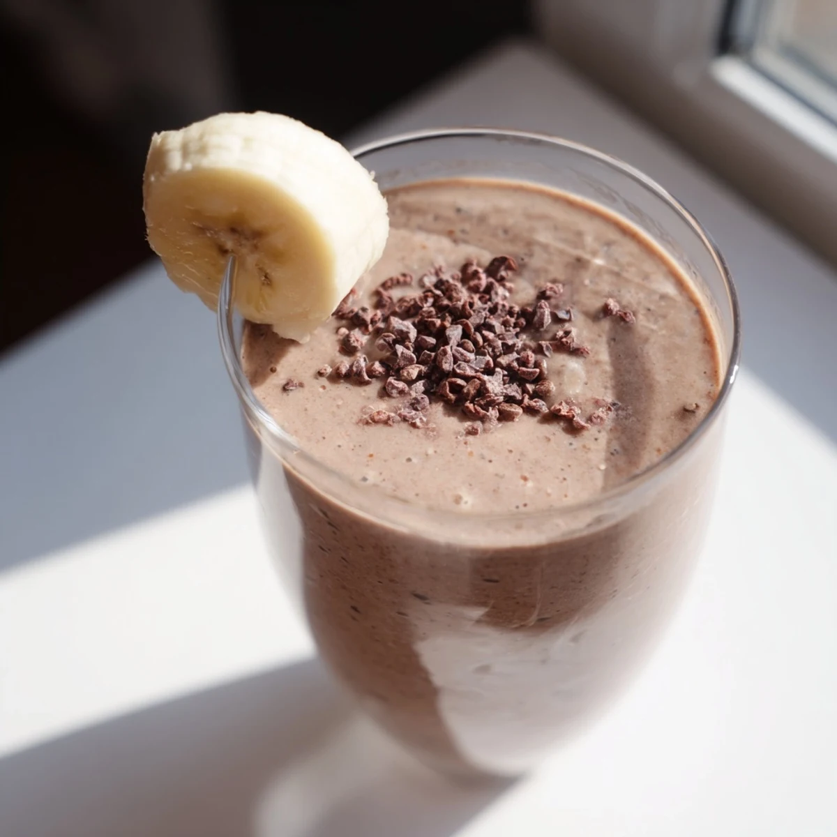 Rich and creamy raw chocolate banana shake blended with cacao and topped with banana slices