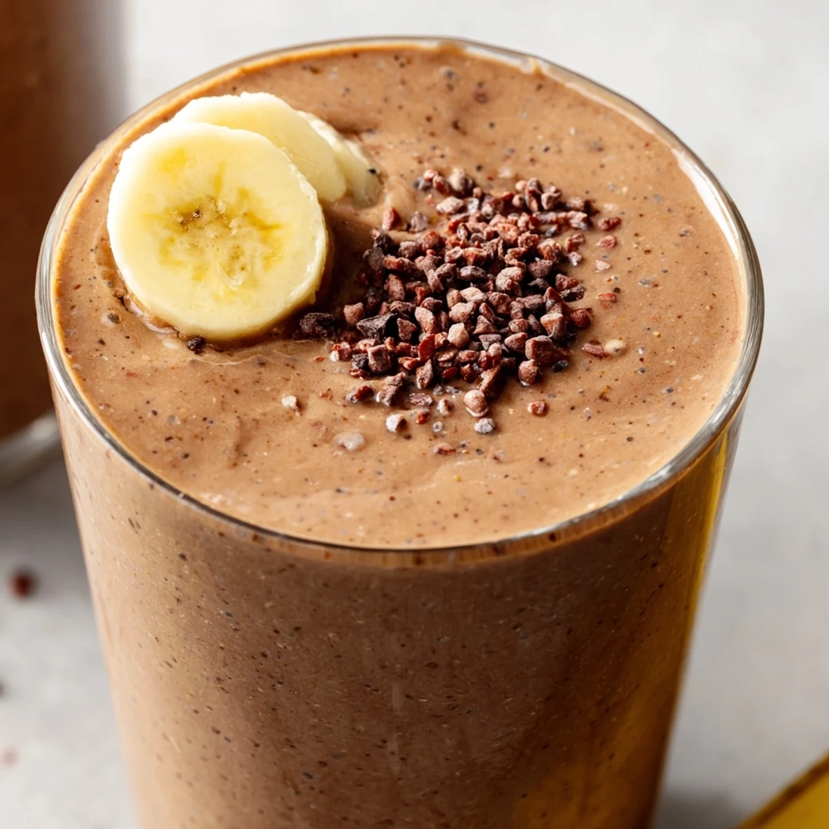 Thick raw chocolate banana shake poured into a glass with cacao powder sprinkled on top