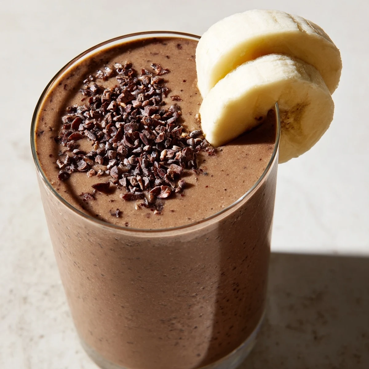 Velvety raw chocolate banana shake showcasing the dark chocolate color and smooth dairy-free texture
